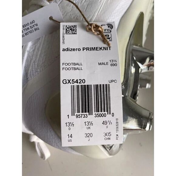 Adidas ADIZERO Primeknit Triple White Chrome Football Cleats GX5420 Men’s Sz 14 - Picture 8 of 12